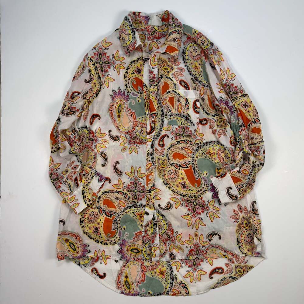 True Destinations Paisley Print Button Up Roll Tab Sleeve Blouse